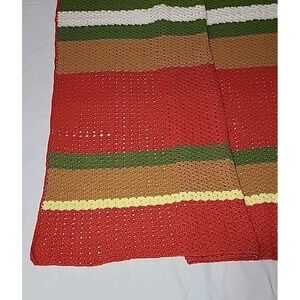 Large Handmade Crocheted Afghan, Orange Yellow Brown Green Stripes, 56 X 72